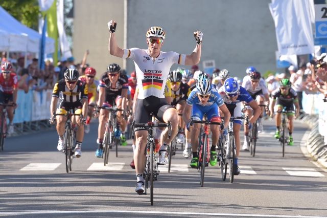Andre Greipel takes the stage 1 win in Luxembourg ahead of Enrico Gasparotto and Daniele Ratto.