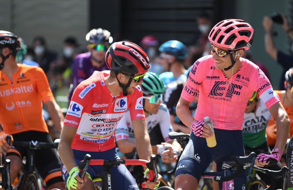 VILLANUEVA DE LA SERENA SPAIN AUGUST 27 LR Odd Christian Eiking of Norway and Team Intermarch Wanty Gobert Matriaux red leader jersey and Magnus Cort Nielsen of Denmark and Team EF Education Nippo prepare for the race prior to the 76th Tour of Spain 2021 Stage 13 a 2037km stage from Belmez to Villanueva de la Serena lavuelta LaVuelta21 on August 27 2021 in Villanueva de la Serena Spain Photo by Tim de WaeleGetty Images