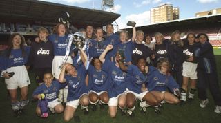 4 May 1997: The Millwall Lionesses celebrate winning Women's FA Cup after beating Wembley Ladies at Upton Park in London, England