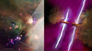 A split image of the location of the stars in space (left) and an artist's interpretation of the new stars (right).