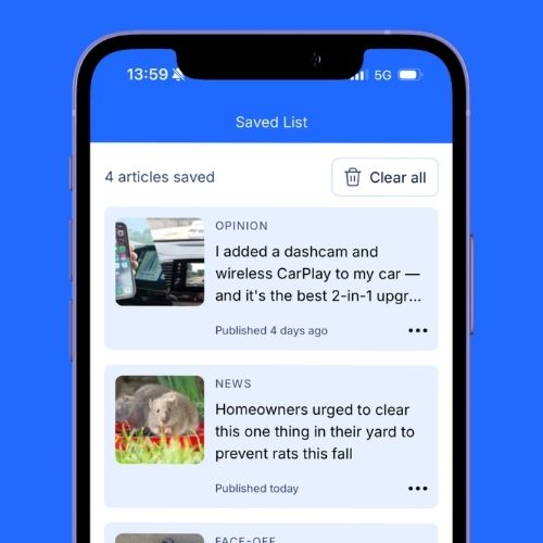App screenshot showing a saved list of articles