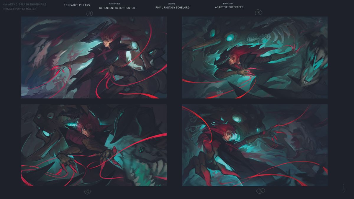 Character art that uses shadows to lead the viewer's eye to the character's face