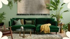 A dark green sectional with tonal green cushions in a green living room with lots of plants, styled by Joybird one of 2023's best sustainable furniture brands.