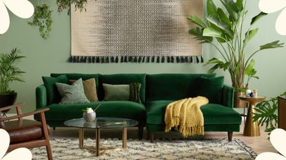 A dark green sectional with tonal green cushions in a green living room with lots of plants, styled by Joybird one of 2023's best sustainable furniture brands.