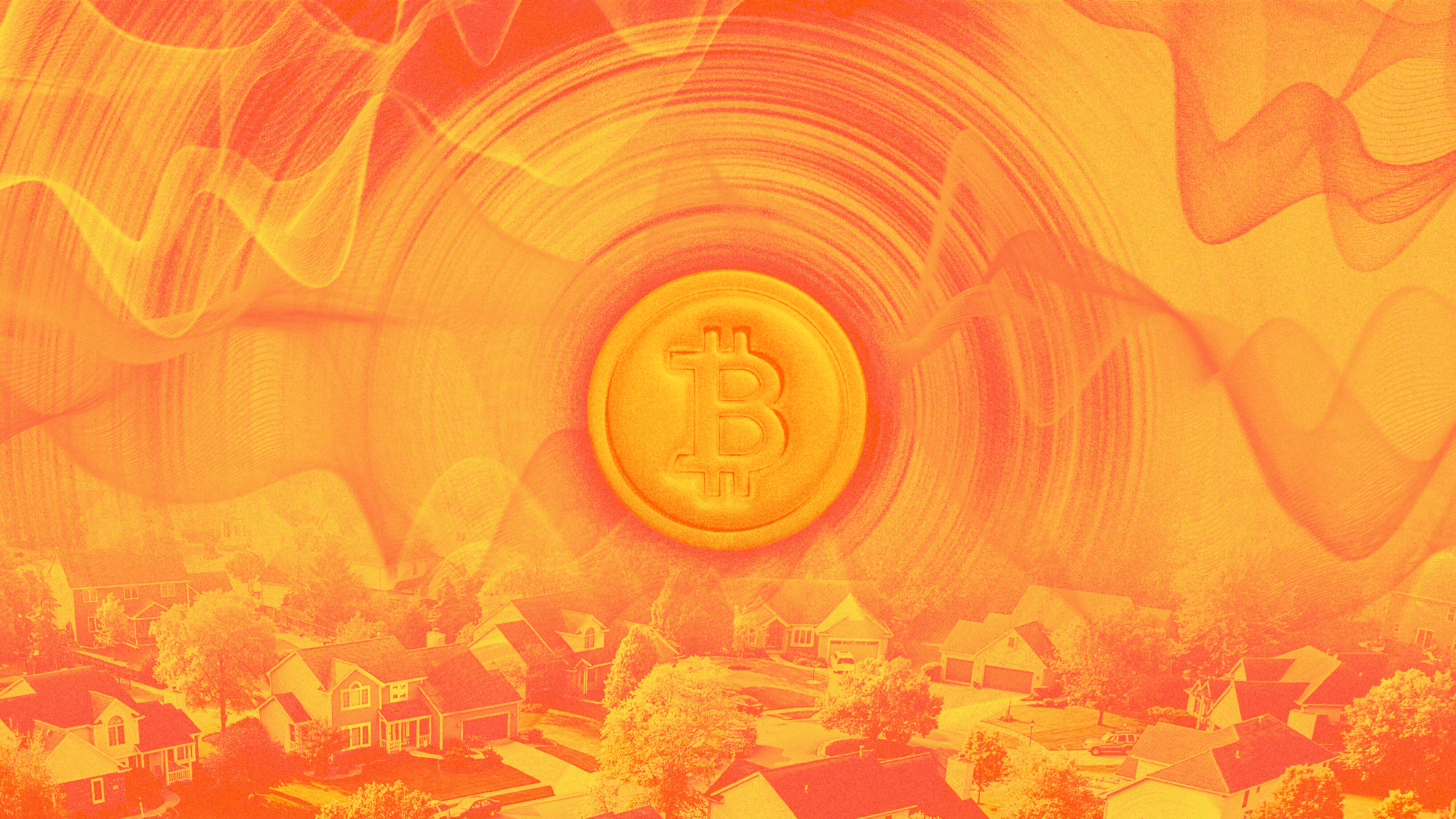 Photo illustration of sound waves rippling from a Bitcoin into a suburban neighbourhood