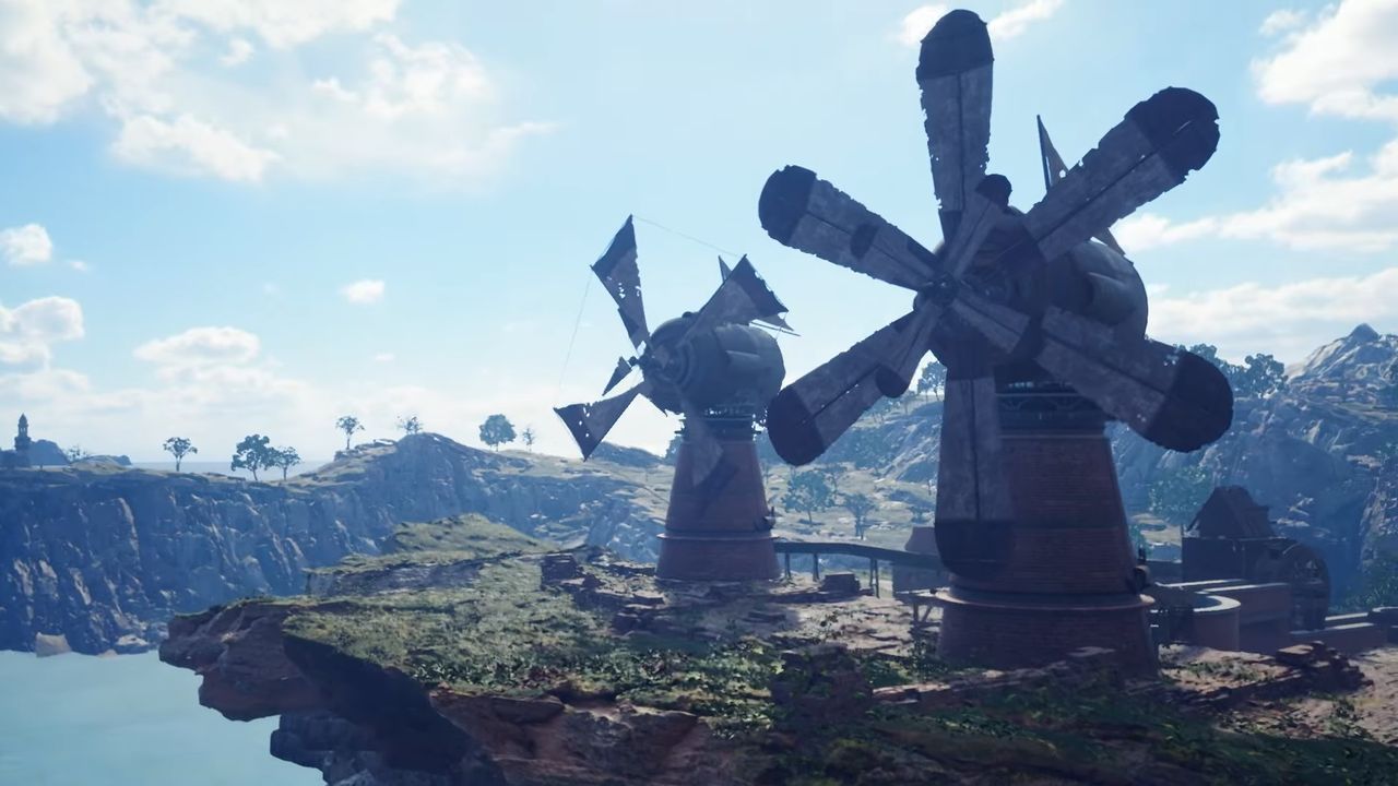 Windmills along verdant jagged coast