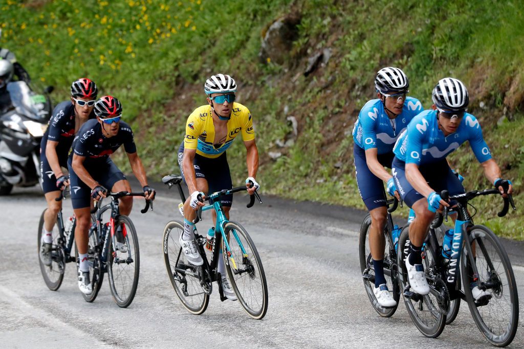 LA PLAGNE FRANCE JUNE 05 Geraint Thomas of The United Kingdom Richie Porte of Australia and Team INEOS Grenadiers Alexey Lutsenko of Kazahkstan and Team Astana Premier Tech Yellow Leader Jersey Enric Mas Nicolau of Spain Miguel ngel Lpez Moreno of Colombia and Movistar Team during the 73rd Critrium du Dauphin 2021 Stage 7 a 1715km stage from SaintMartinLeVinoux to La Plagne 2072m UCIworldtour Dauphin dauphine on June 05 2021 in La Plagne France Photo by Bas CzerwinskiGetty Images