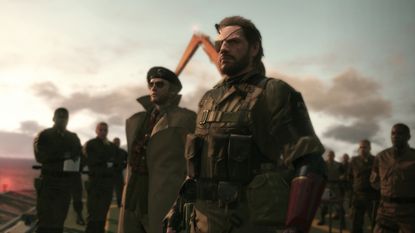 Metal Gear Solid 5 showing Snake and Ocelot looking to the horizon in front of more soldiers