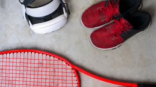 A Meta Quest 3 alongside a red pair of sneakers and an AI-generated tennis racket