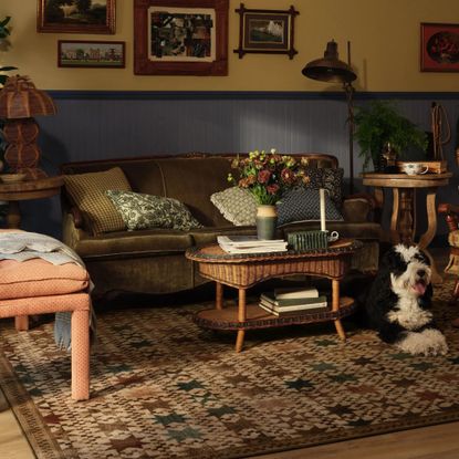 A living room with a gallery wall, a green velvet sofa and the Ruggable Calloway brown multicolour rug on the floor