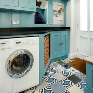 Turquoise utility room with washing machine and patterned flooring