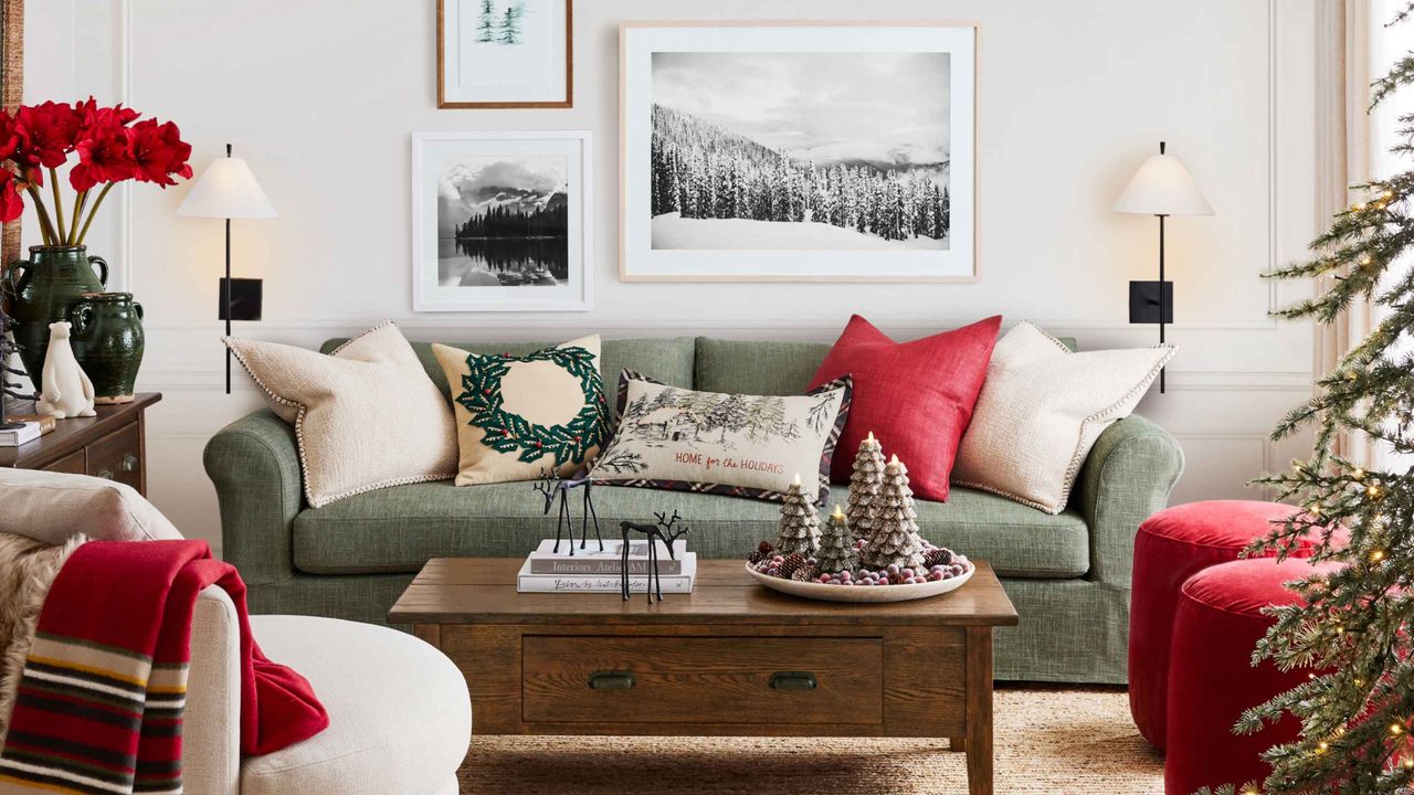 Sage green sofa with Christmas decorations