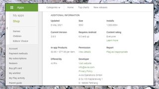 Google Play app descriptions include the developer's contact details
