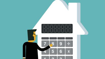 Graphic illustration of a man standing in front of a large calculator shaped like a house