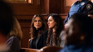 Mariska Hargitay as Capt. Olivia Benson and Nicole Zyana as Kyra in court in Law & Order: SVU season 26 episode 11