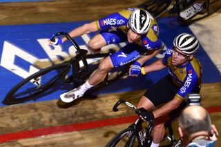Iljo Keisse and Mark Cavendish make a changeover at the 2019 Gent Six Day