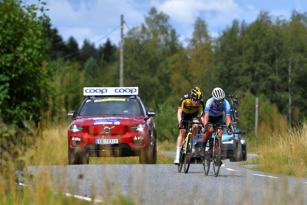 HALDEN NORWAY AUGUST 15 LR Julie Van De Velde of Belgium and Jumbo Visma Women Team and Rossella Ratto of Italy and Team Bingoal Casino Chevalmeire in the Breakaway during the 7th Ladies Tour Of Norway 2021 Stage 4 a 1416km stage from Drbak to Halden LTourOfNorway LTON21 UCIWWT on August 15 2021 in Halden Norway Photo by Luc ClaessenGetty Images