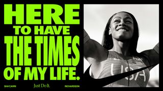 Promo image featuring black and white image of Sha'Carri Richardson and the words: 'Here to have the times of my life'