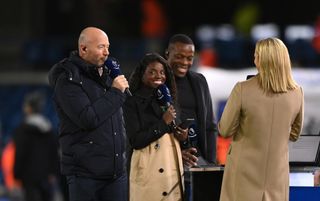 Alan Shearer, Eniola Aluko and Gabby Logan work for Amazon Prime ahead of the Premier League match between Leeds United and Manchester City at Elland Road on December 28, 2022 in Leeds, England. (Photo by Stu Forster/Getty Images)