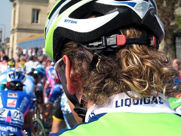 Charm on the helmet of Filippo Pozzato (Liquigas).