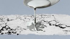 Photo collage of liquid mercury spilling on ice