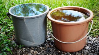 Two buckets full of water in a garden