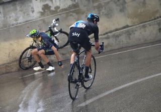 Bradley Wiggins (Team Sky) manages to avoid a fallen Movistar rider