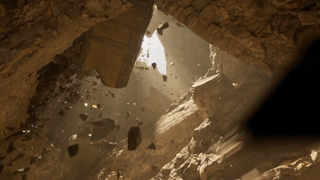 A screenshot of Havok's physics engine, showing debris falling in a cave