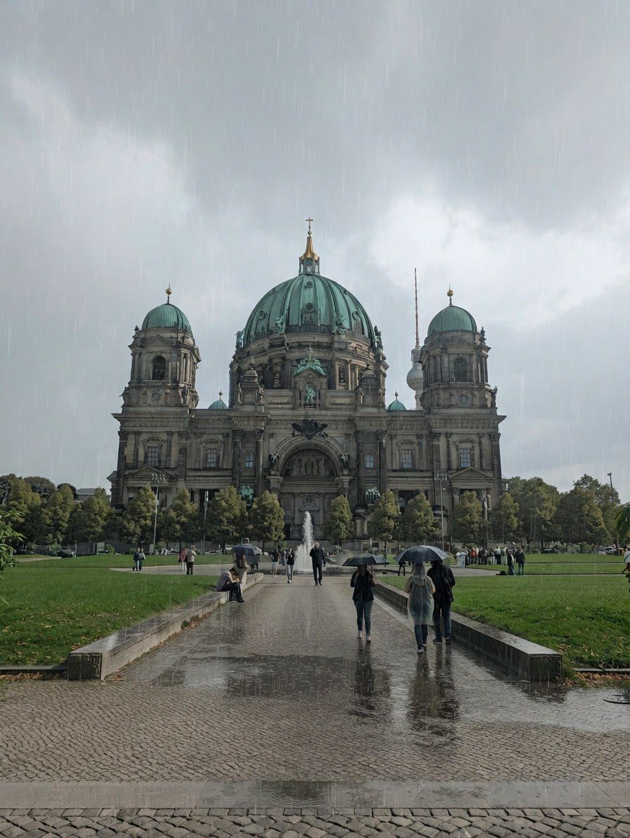 Berlin Cathedral during heavy rain, with pedestrians carrying umbrellas along the wet reflective path.