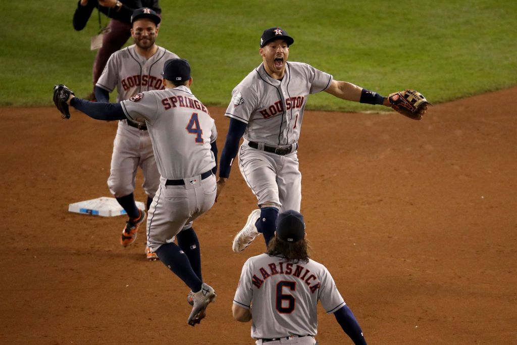 The Houston Astros celebrate their Game 5 win.