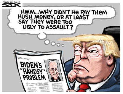 Political Cartoon U.S. Joe Biden misconduct allegations #Metoo Trump Stormy Daniels Hush Money&nbsp;