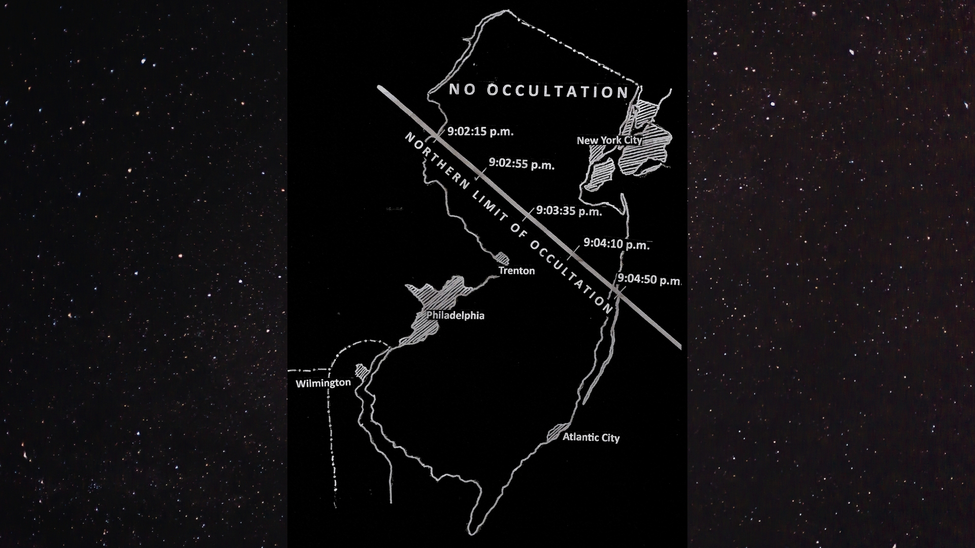 map showing the graze lines across New Jersey where the moon will partially cover Regulus, causing the star to blink on and off along the lunar edge.