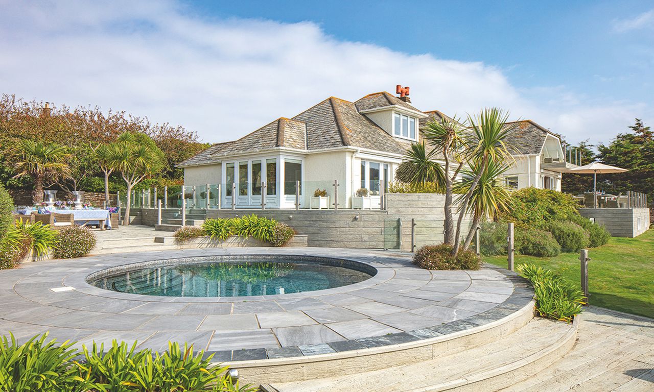 house exterior with pool and garden area