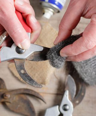 cleaning a pair of secateurs with wire wool