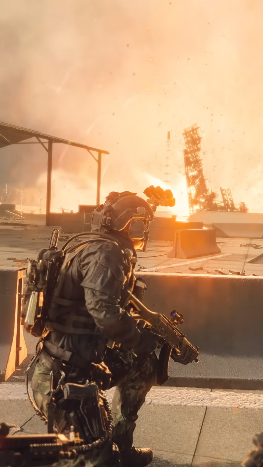 A soldier crouched on a bridge from the Battlefield 6 campaign watching something explode in the distance