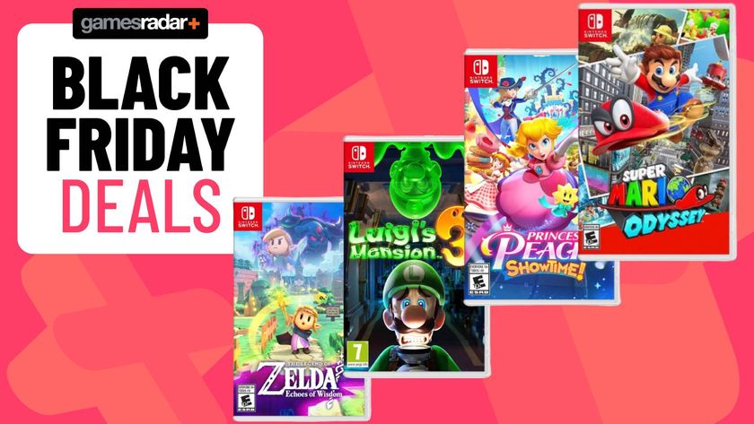 A series of Nintendo Switch game boxes sitting on a pink GamesRadar+ background.