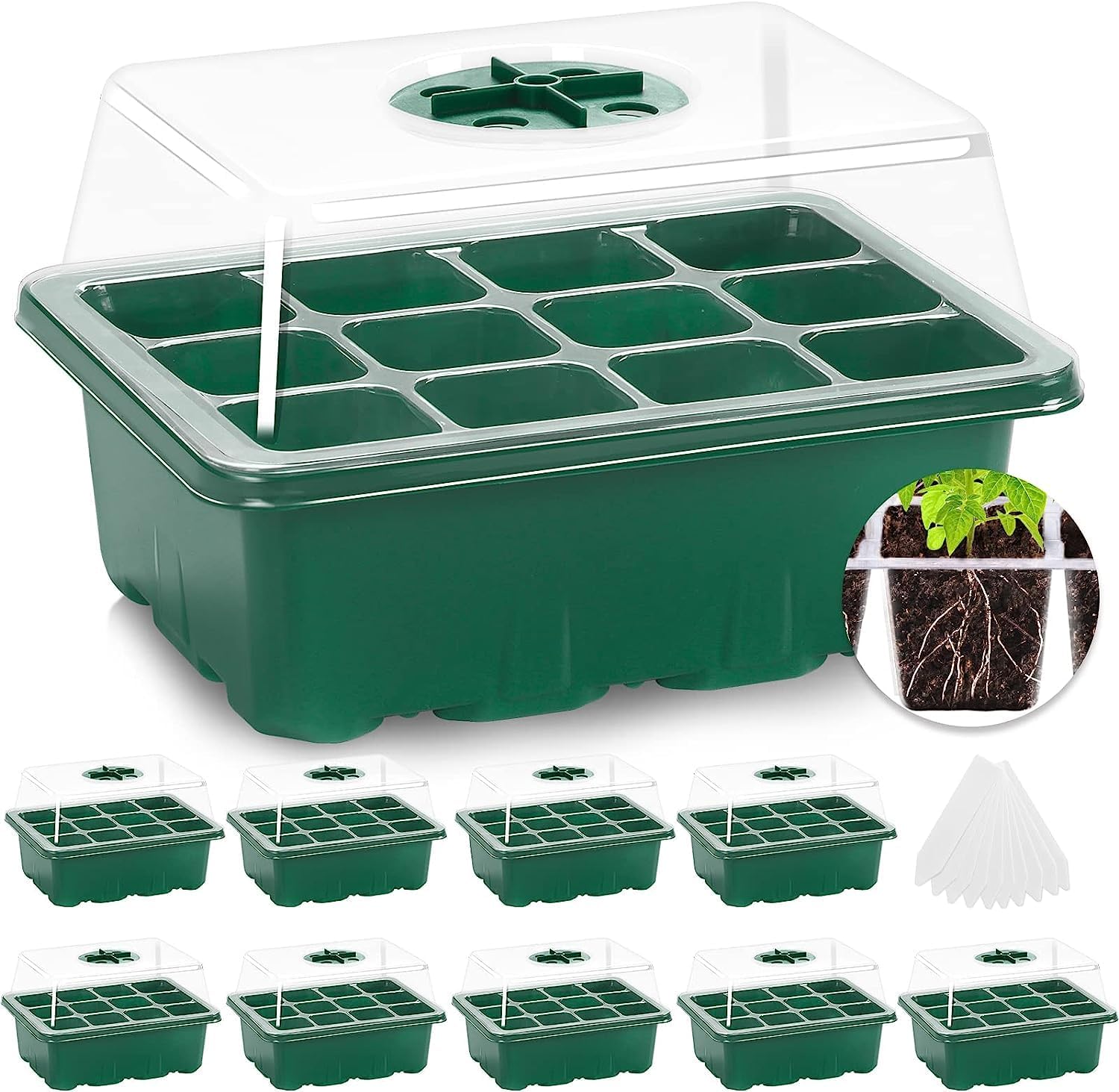 Mixc 10 Packs Seed Starter Tray Seed Starter Kit With Humidity Dome (120 Cells Total Tray) Seed Starting Trays Plant Starter Kit and Base Mini Greenhouse Germination Kit for Seeds Growing Starting