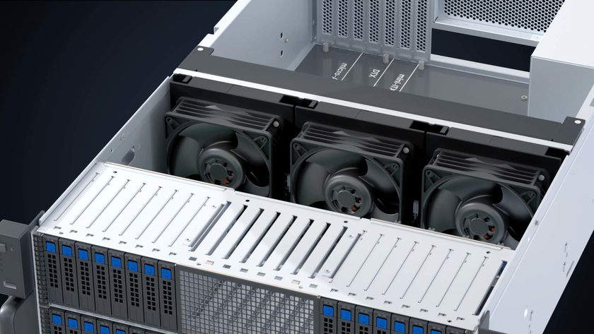 A rendered image of a server rack, showing three Arctic S12038 cooling fans in a row