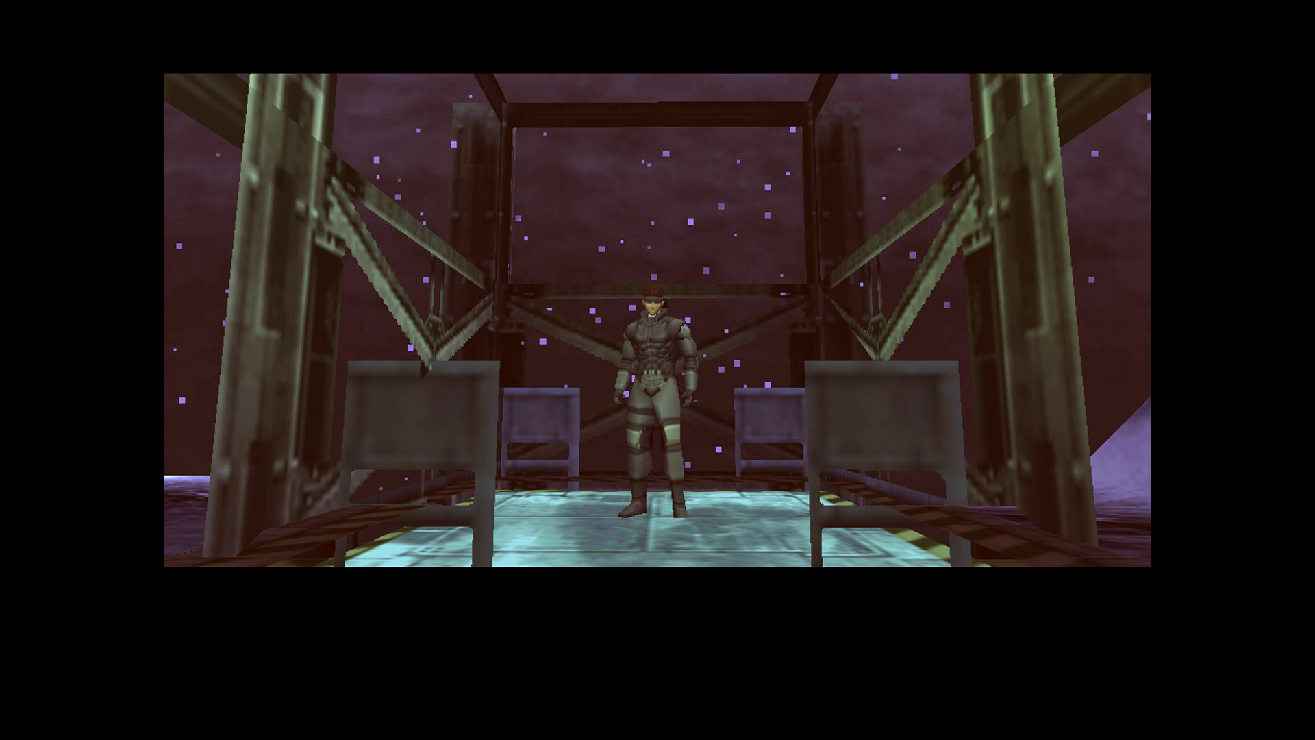 Solid Snake arrives on Shadow Moses Island's military base from its docks on an elevator in the PC release of Metal Gear Solid