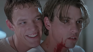 Matthew Lillard and Skeet Ulrich talking to Sydney at the end of Scream 1996