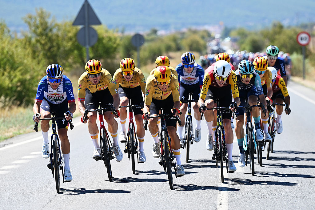 COLLADO DEL AGUACIL, SPAIN - SEPTEMBER 12: (L-R) Gianni Vermeersch of Belgium and Team Red Bull - BORA - hansgrohe, Rasmus Tiller of Norway and Tobias Halland Johannessen of Norway and Team Uno-X Mobility lead the attack during the La Vuelta - 81st Tour of Spain 2026, Stage 20 a 210.8km stage from La Calahorra to Collado del Alguacil 1887m / #UCIWT / on September 12, 2026 in Collado del Alguacil, Spain. (Photo by Tim de Waele/Getty Images)