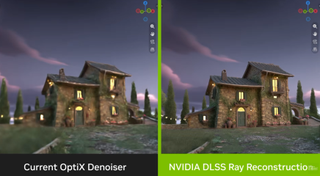A screenshot of a side-by-side comparison of OptiX and DLSS rendering of a cottage in Blender software