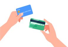 Two illustrated hands holding different credit cards, one green and one blue