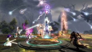 Guild Wars 2 screenshot which shows players using magic to tackle an ancient evil in a raid