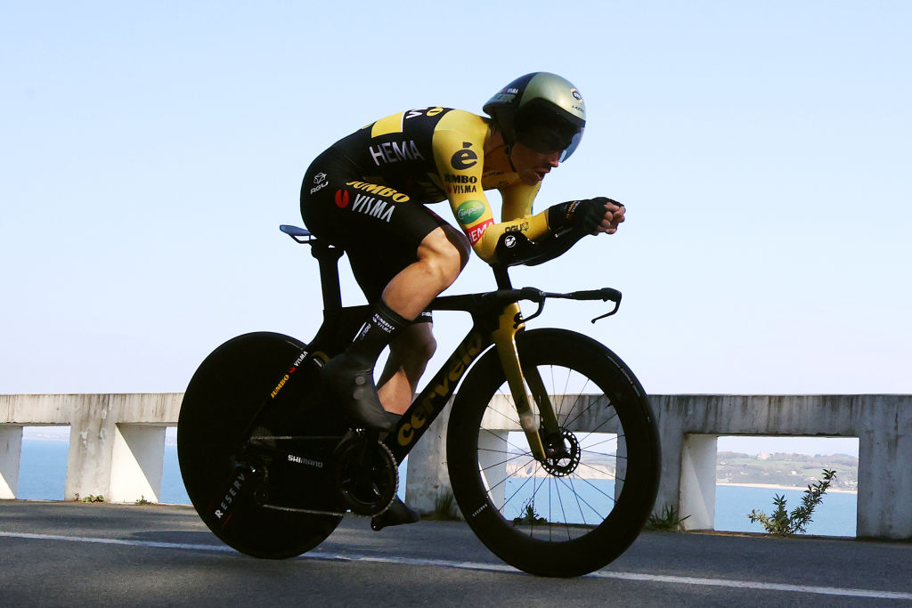 HONDARRIBIA SPAIN APRIL 04 Primoz Roglic of Slovenia and Team Jumbo Visma sprints during the 61st Itzulia Basque Country 2022 Stage 1 a 75km individual time trial from Hondarribia to Hondarribia itzulia WorldTour on April 04 2022 in Hondarribia Spain Photo by Gonzalo Arroyo MorenoGetty Images
