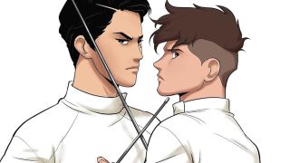 Nicholas and Seiji crossing fencing swords on the cover of Fence #1