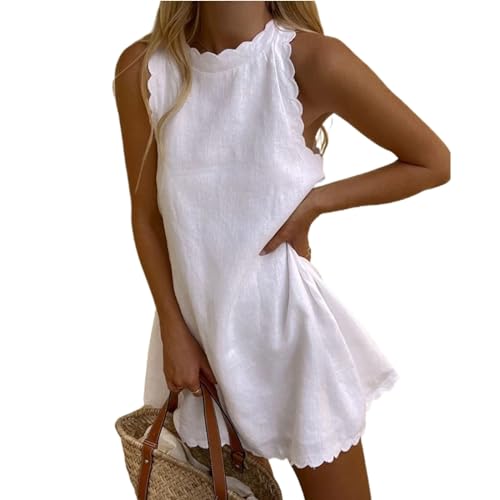 Qianderer Women Y2k Sleeveless Tank Dress Halter Scallop Summer Casual A-Line Mini Dress Beach Linen Halter Sundress (ba White, L)