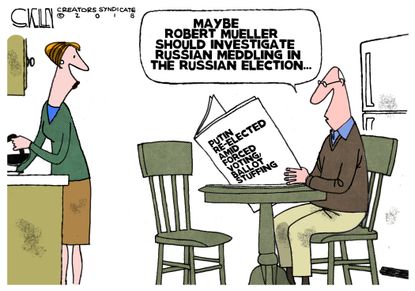 Political cartoon U.S. Mueller FBI Russia investigation Putin election