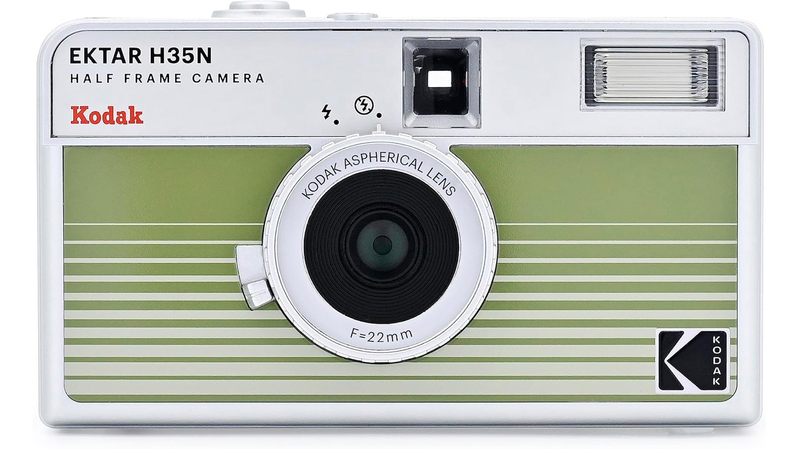 A studio shot of the Kodak Ektar H35N front on, on a white background and in the striped green colorway