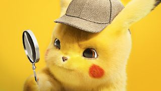 Detective Pikachu looking through a magnifying glass